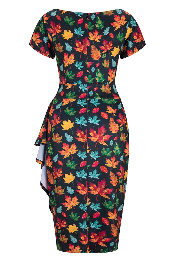 Back view of leaf print Elsie dress by Lady Vintage with zip fasten back