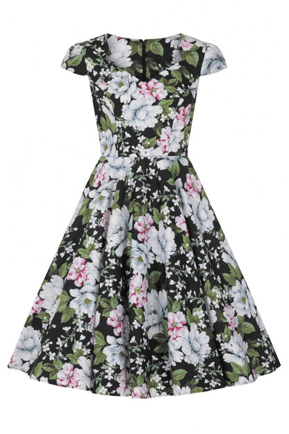 The Alba 50s dress featuring a mid length swing skirt, floral print, short cap sleeves and a sweetheart neckline