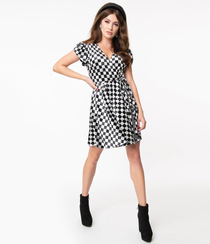 Black and Grey Checkerboard Velvet Girl Power Flare Dress by Unique Vintage