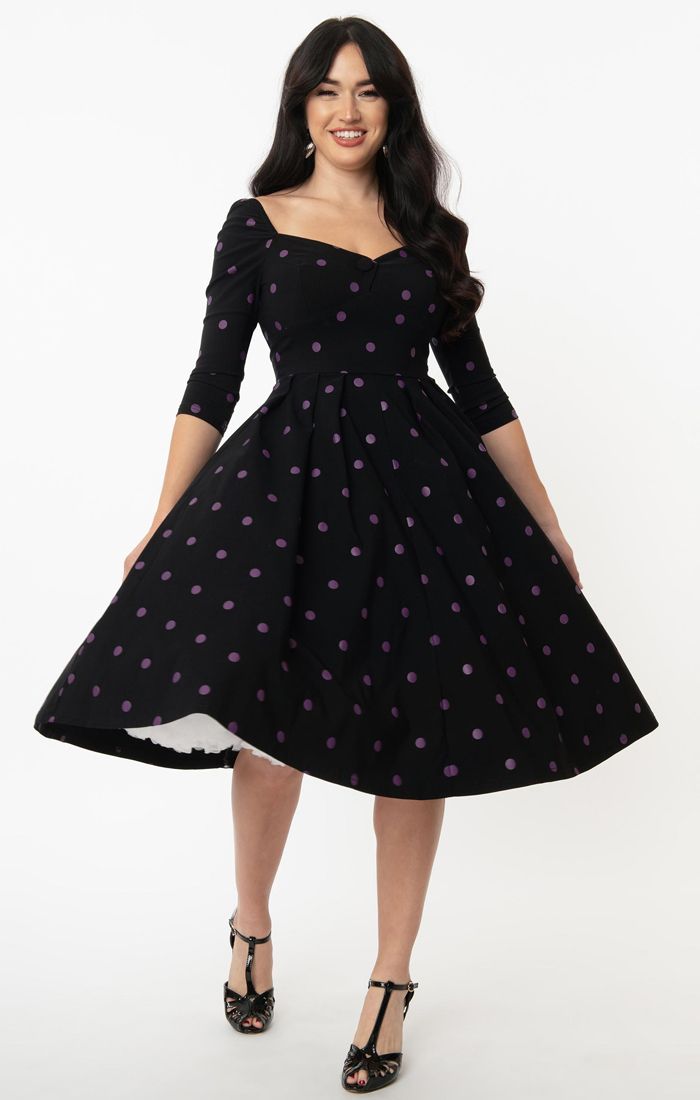 Lamar 1950s Black & Purple Polka Dot Sweetheart Swing Dress by Unique Vintage