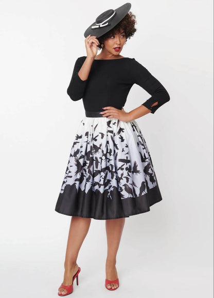 The Birds x Unique Vintage Birds Attack Print Main Attraction Swing Skirt