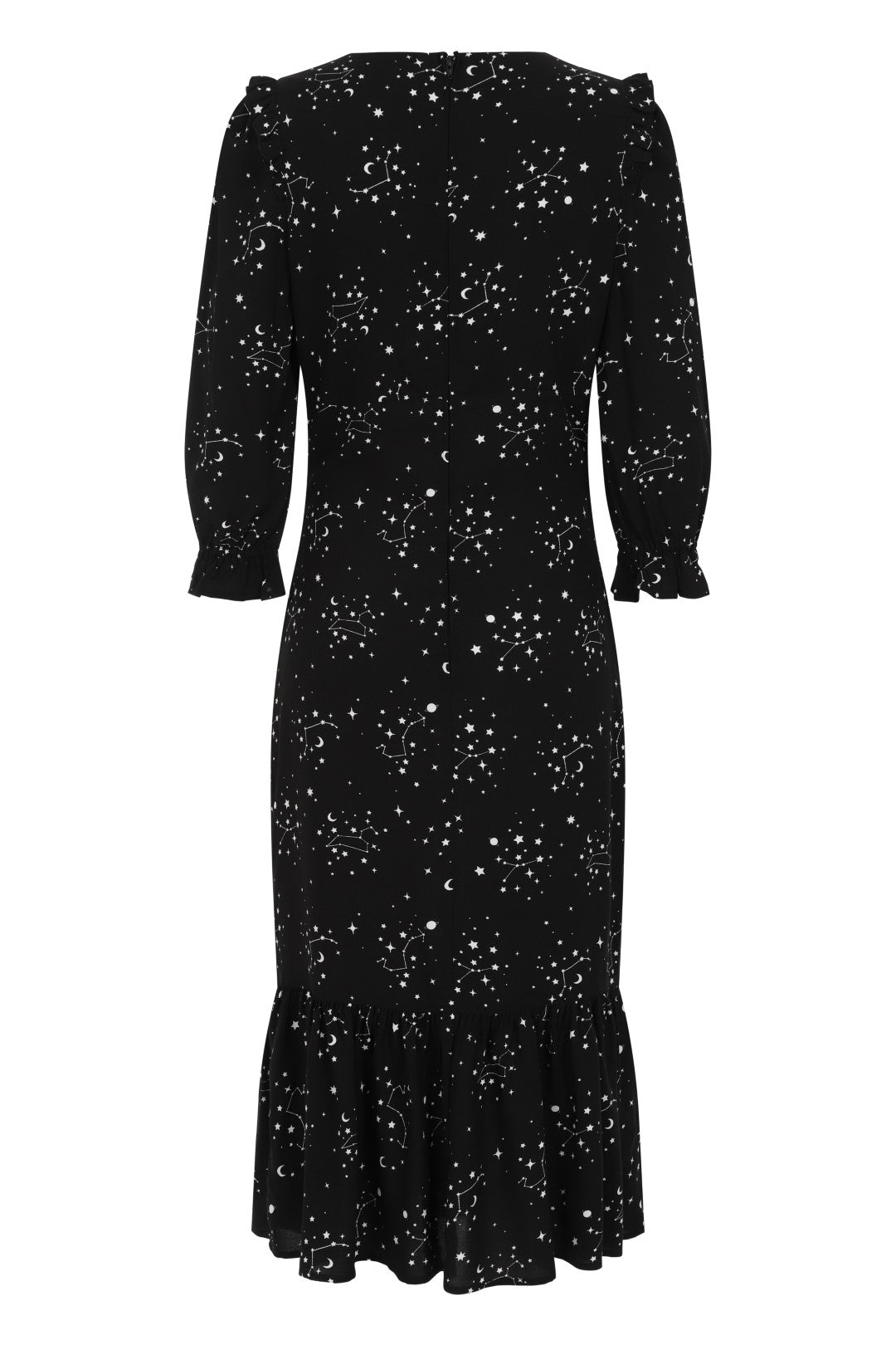 Flat lay of a black mid dress with 3/4 length sleeves and an all over star constellations pattern