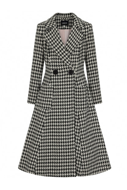 Vintage houndstooth black and white coat with two black buttons at the front and a pale pink satin lining