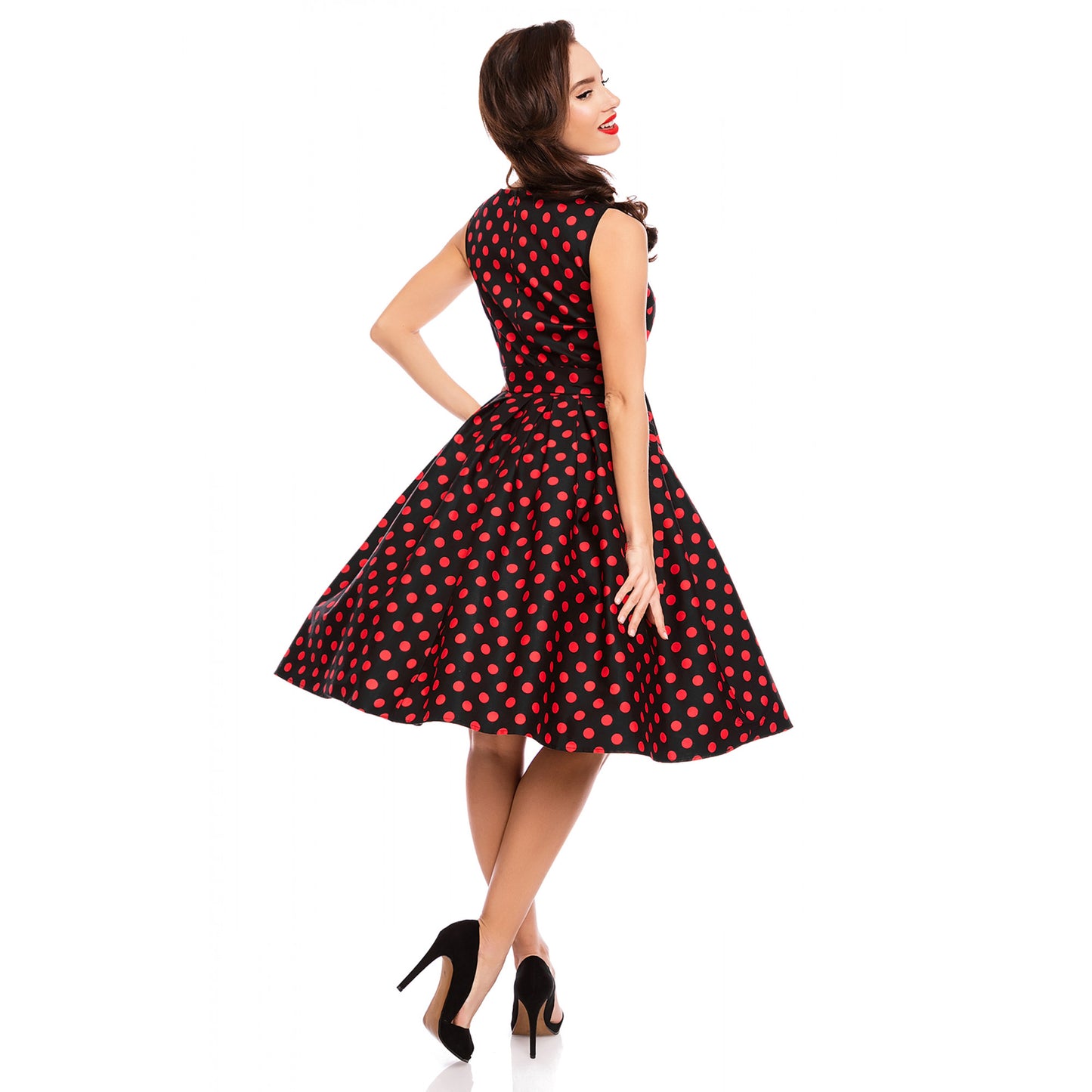 Elizabeth Vintage Swing Dress in Black/Red Polka by Dolly & Dotty