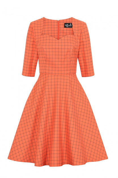 The Zora orange mid length dress with fine black check pattern on its own with no model in the picture