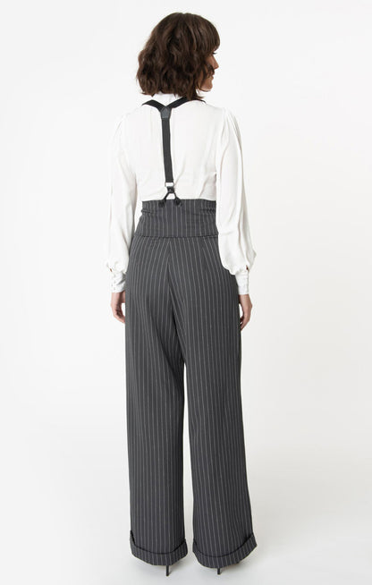 Thelma Suspender Pants in Grey Pinstripe by Unique Vintage