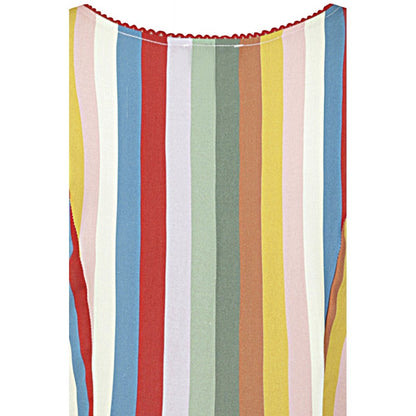 Close up of colourful stripe neckline and bodice with red trim
