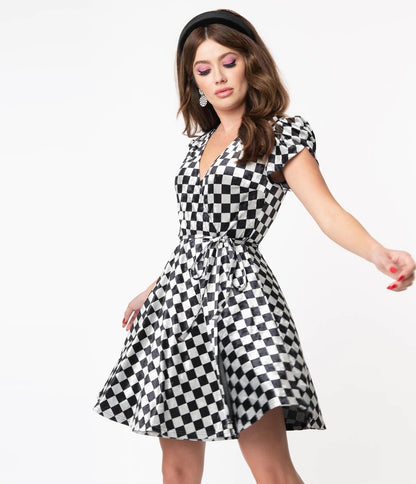 Black and Grey Checkerboard Velvet Girl Power Flare Dress by Unique Vintage