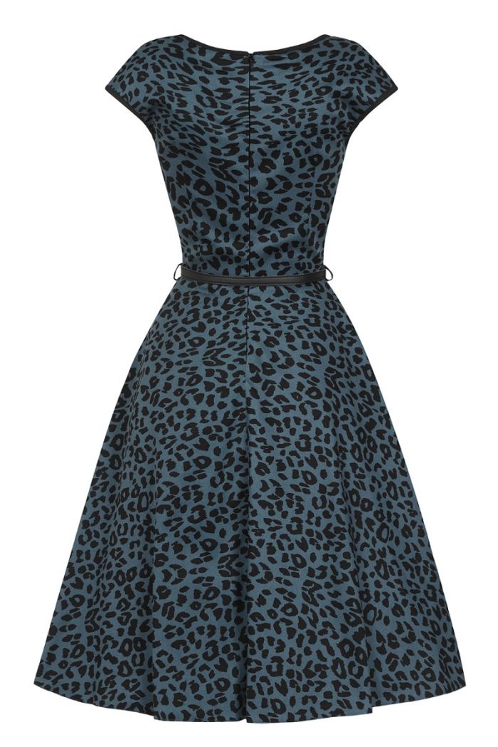 The back of the Isabella Leopard Stargazer dress by Lady Vintage. The back has an invisible zip closure and the thin black belt is included with the dress.