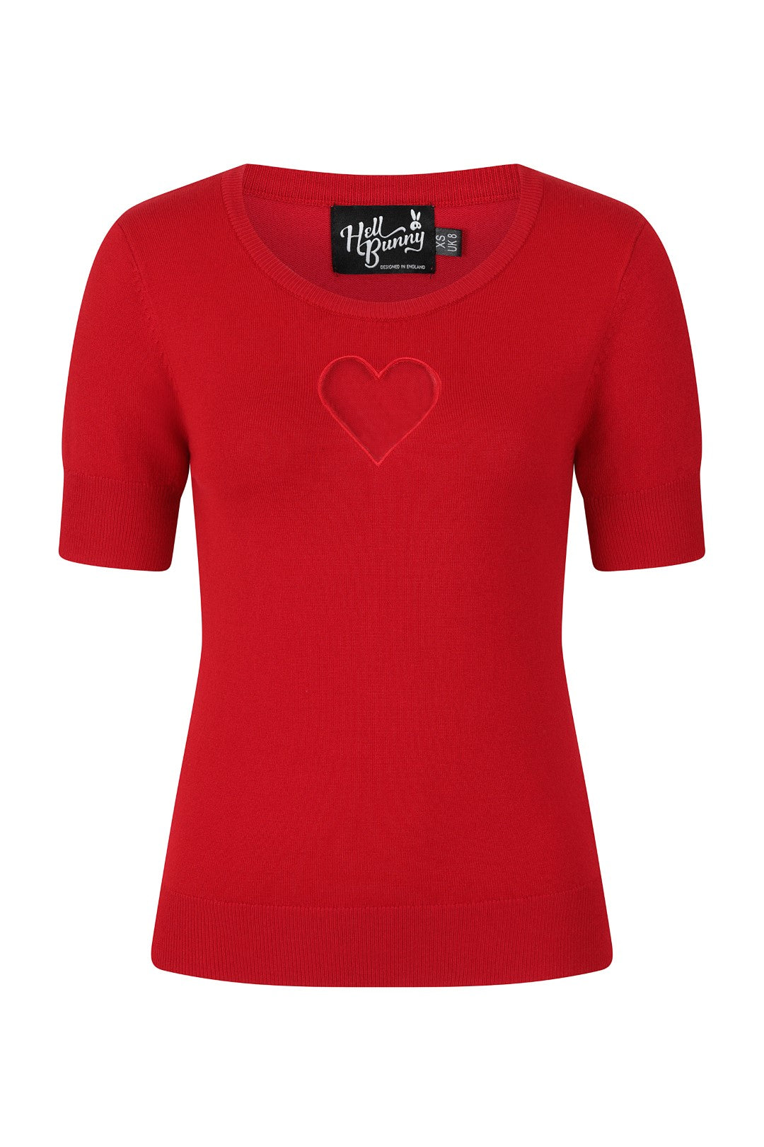Red knitted short sleeved top with heart shaped cut-out detail on the chest.