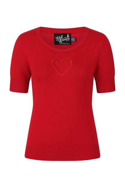 Red knitted short sleeved top with heart shaped cut-out detail on the chest.